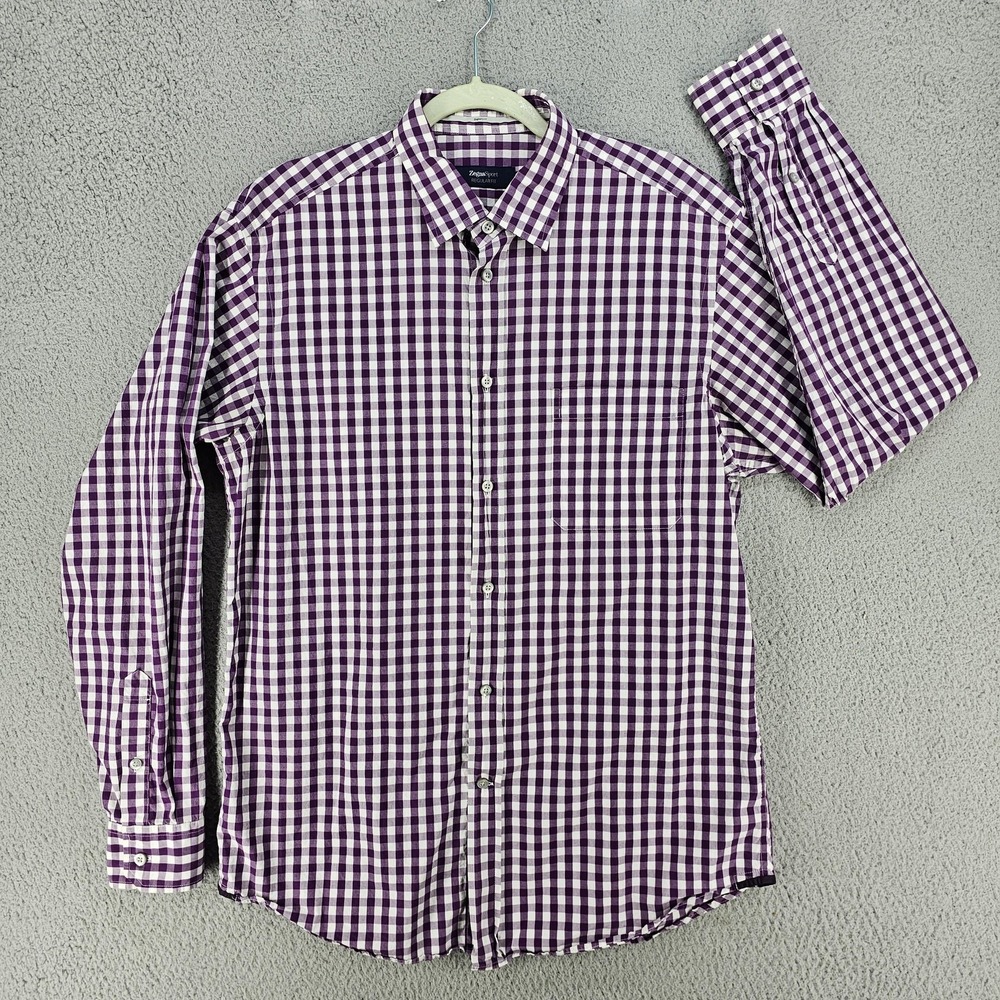 ZegnaSport Shirt Mens Large Purple Check Regular Fit Button Up Long Sleeve